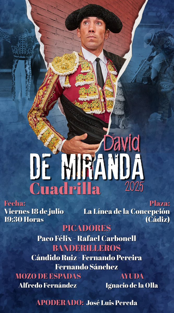 David de Miranda (@davdemiranda) on Twitter photo ยกNos vemos esta tarde!
โจ๏ธ Corrida de Toros en la Plaza Toros de la Lรญnea de la Concepciรณn compartiendo cartel con Morante de la Puebla y <a href="/aletalavante/">Alejandro Talavante</a>
๐ 19:30h
๐ฒ Nuestro lote de hoy es nยบ 42 y nยบ 29 de la Ganaderรญa de El Capea.
#DeMiranda25 ยกNos vemos esta tarde!
โจ๏ธ Corrida de Toros en la Plaza Toros de la Lรญnea de la Concepciรณn compartiendo cartel con Morante de la Puebla y <a href="/aletalavante/">Alejandro Talavante</a>
๐ 19:30h
๐ฒ Nuestro lote de hoy es nยบ 42 y nยบ 29 de la Ganaderรญa de El Capea.
#DeMiranda25