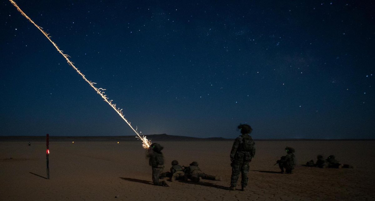 CENTCOM's tweet image. U.S. Army Infantrymen execute night fire operations training using M240B machine guns with tracers and illumination rounds from an M320 grenade launchers in the CENTCOM area of responsibility.