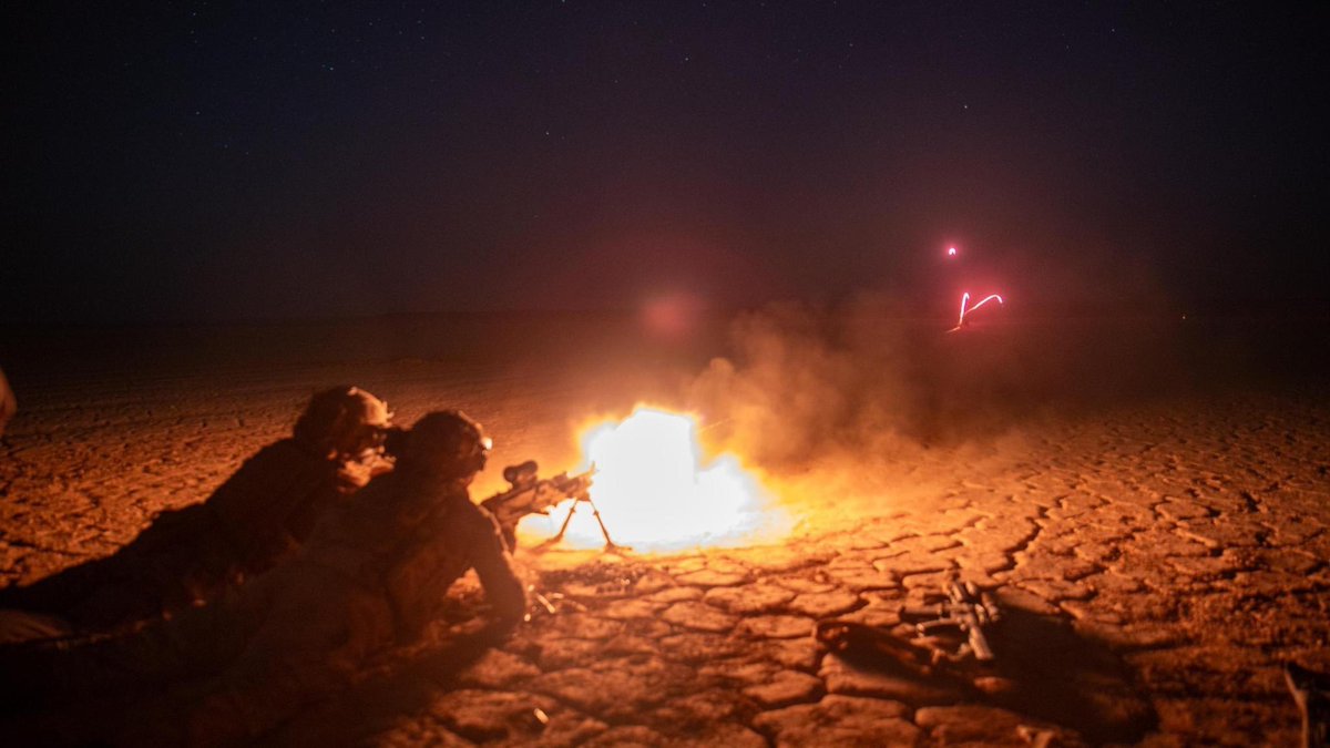 CENTCOM's tweet image. U.S. Army Infantrymen execute night fire operations training using M240B machine guns with tracers and illumination rounds from an M320 grenade launchers in the CENTCOM area of responsibility.