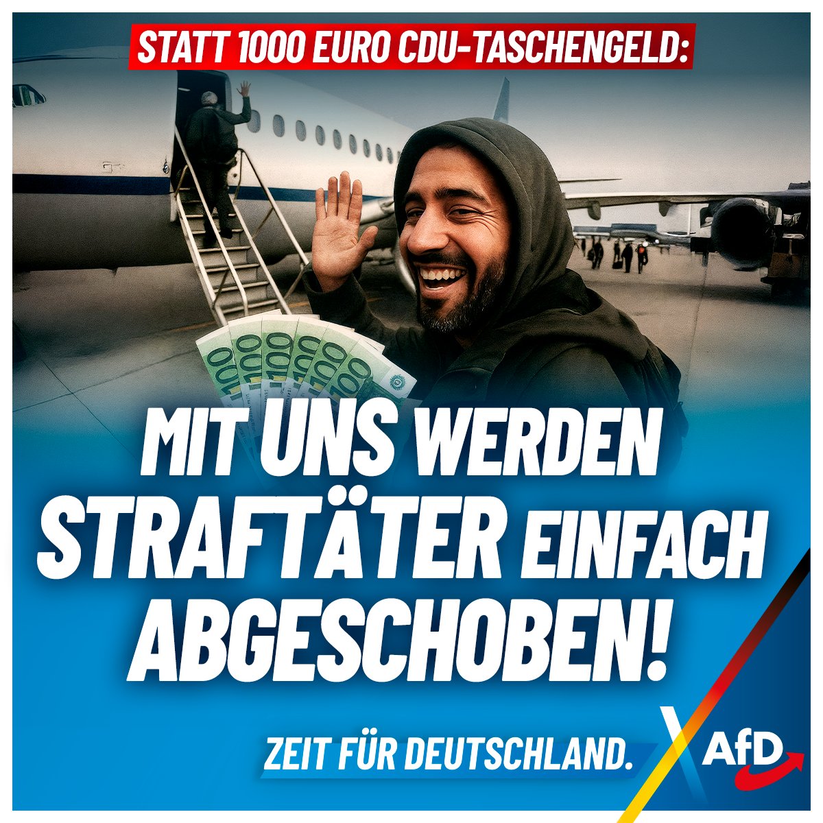 AfD's tweet image. +++ Statt 1000 Euro CDU-Taschengeld: Mit uns werden Straftäter einfach abgeschoben! +++
Heute früh hat Deutschland 81 afghanische Straftäter abgeschoben. Laut Sicherheitskreisen handelt es sich ausnahmslos um verurteilte Kriminelle. Wegen teils schwerster Delikte saßen sie in…