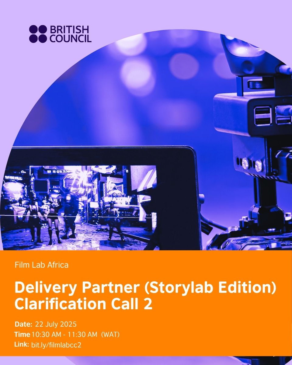 Missed our first Clarification Call?
Join us for another session on the Film Lab Africa – Phase 2 (StoryLab Edition) delivery partner open call.

🗓️ Tues, 22 July 2025
🕥 10:30 AM (WAT)
🔗 bit.ly/filmlabcc2
Come with your questions, we’ll provide the answers!
#FilmLabAfrica