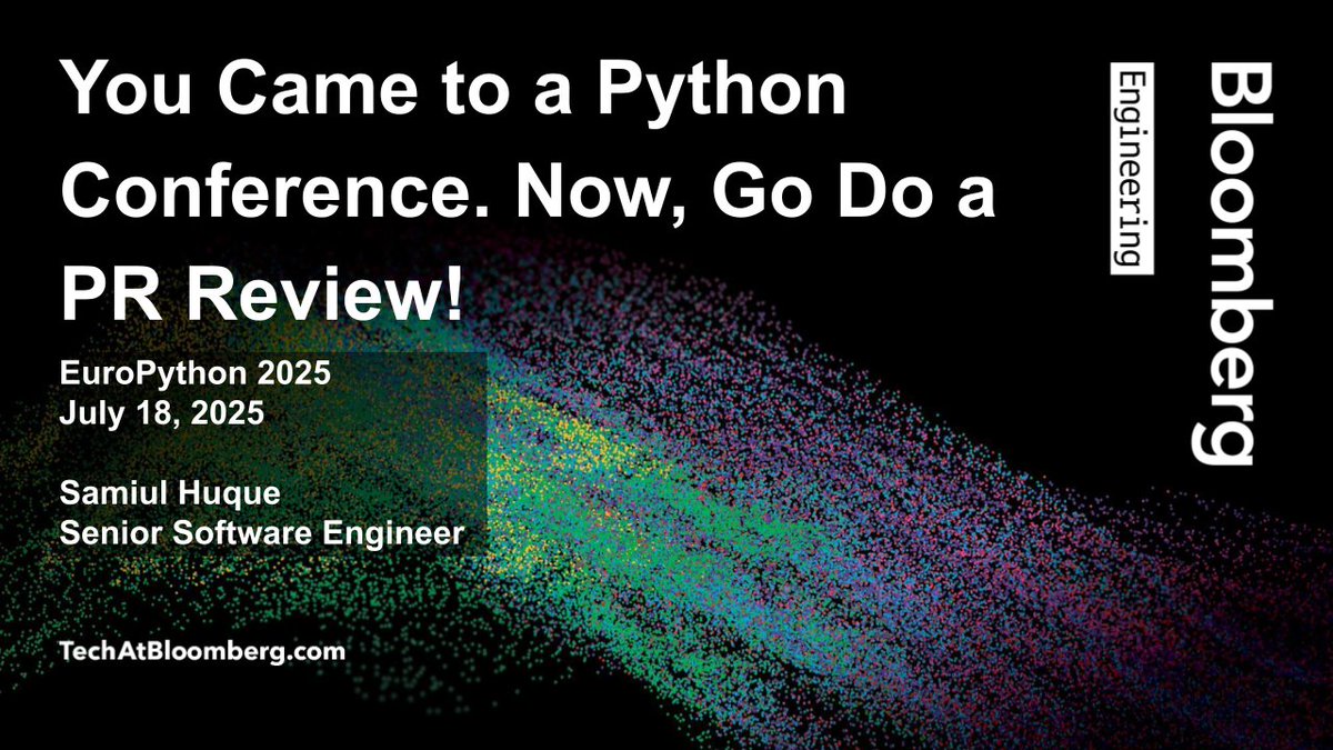 TechAtBloomberg's tweet image. In today's #EuroPython2025 talk (14:35 CEST), Samiul Huque breaks down the art of giving good PR reviews & explores how to better address technical issues in #Python 🐍 PRs, deliver clear feedback + avoid common reviewer pitfalls
bloom.bg/45Yq9Ih
#CodeReview #pullrequests