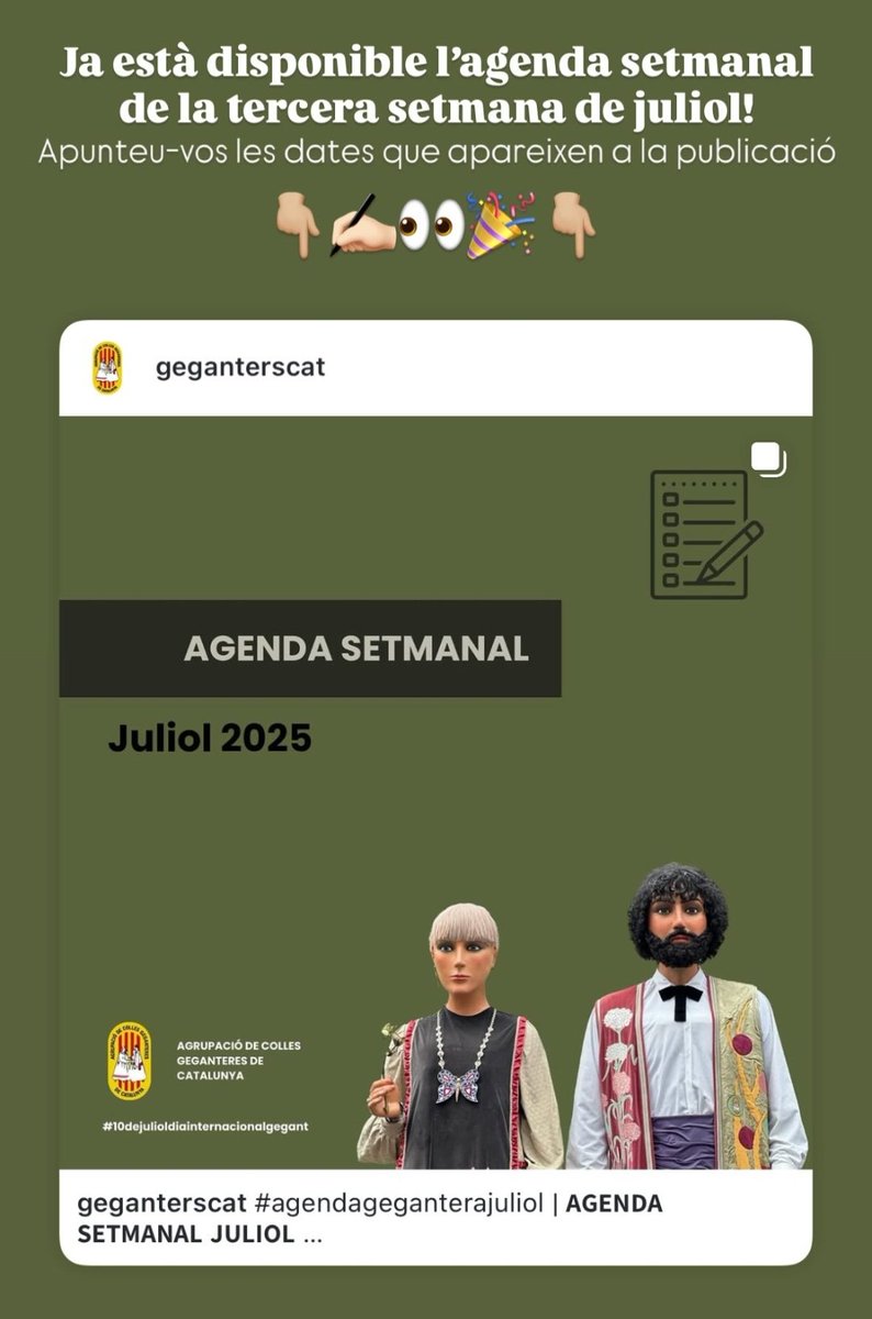 #agendageganterajuliol
𝗔𝗚𝗘𝗡𝗗𝗔 𝗦𝗘𝗧𝗠𝗔𝗡𝗔𝗟 𝗝𝗨𝗟𝗜𝗢𝗟 
Setmana del 18 al 25
#10deJuliolDiaInternacionalGegant #SomCultura #FemCultura #GegantsCat #Gegants
instagram.com/p/DMPd09sK0ha/…