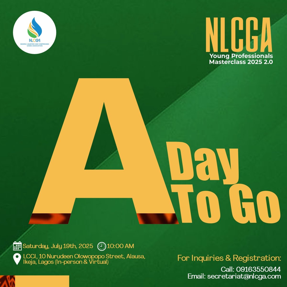 NLCGA_'s tweet image. ⚡ A DAY TO GO!

Are you Ready? July 19th is HERE.

There’s still time for last-minute registration.

📞09163550844
📧secretariat@nlcga.com

#1DaysToGo #NLCGAYoungProfessionals #CountdownContinues #RegisterToday
