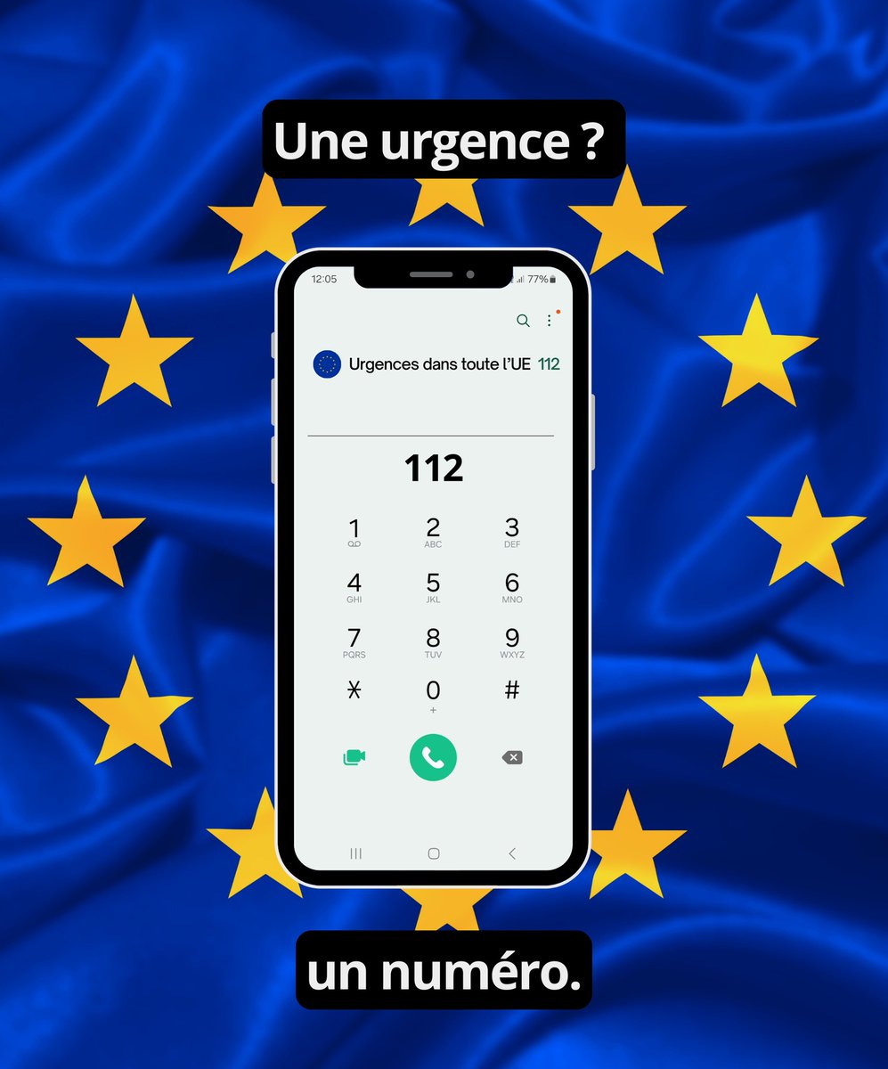 UEFrance's tweet image. 📞 Partout en Europe 🇪🇺, en cas de situation d'urgence pour vous-même ou votre entourage, un seul numéro à retenir : le 𝟭𝟭𝟮 !
Gratuit et accessible 24h/24, 7j/7, le 𝟭𝟭𝟮 peut être composé à partir d'un téléphone fixe ou mobile.
En savoir plus → europa.eu/!3Mc6CJ