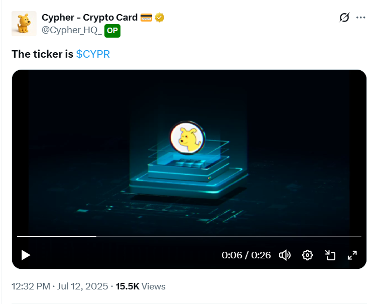 SECRETO DEFI (@secretodefi) on Twitter photo Pues si habéis estado utilizando la tarjeta de <a href="/Cypher_HQ_/">Cypher - Crypto Card 💳</a> para gastar vuestros profits de Hyperliquid...
Habréis acumulado puntos que se convertirán en tokens $CYPR ‼️
Saldrá en Base con un supply de 1B
Ya se ha confirmado el ticker así que el Airdrop también, el TGE es el 5 Pues si habéis estado utilizando la tarjeta de <a href="/Cypher_HQ_/">Cypher - Crypto Card 💳</a> para gastar vuestros profits de Hyperliquid...
Habréis acumulado puntos que se convertirán en tokens $CYPR ‼️
Saldrá en Base con un supply de 1B
Ya se ha confirmado el ticker así que el Airdrop también, el TGE es el 5