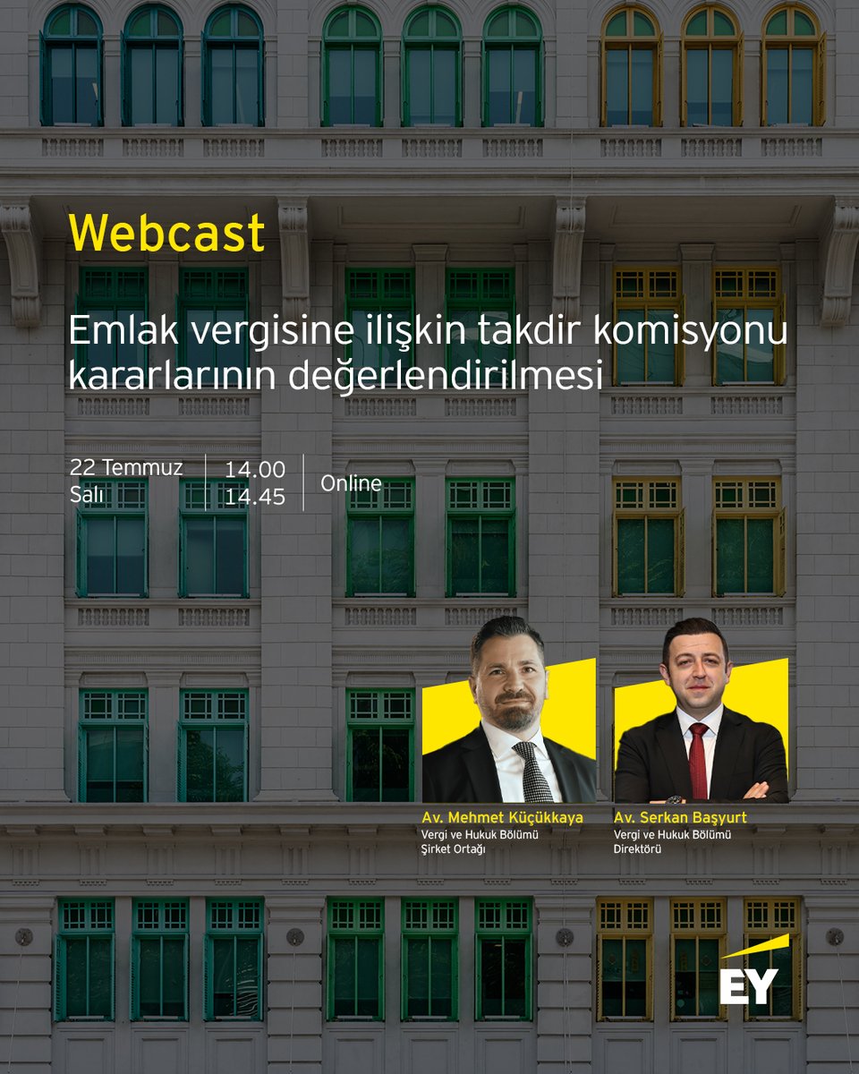 22 Temmuz Salı günü 14.00-14.45 saatleri arasında düzenlenecek “Emlak vergisine ilişkin takdir komisyonu kararlarının değerlendirilmesi” başlıklı webcastimizde Hukuk Bölümü yöneticilerimiz değerlendirmelerde bulunacak. 

Detaylı bilgi ve kayıt için: ow.ly/TMfh50WrJ8f