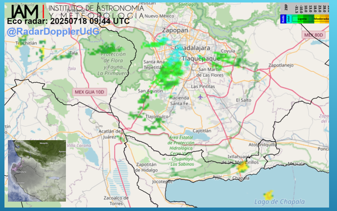 RadarDopplerUdG's tweet photo. El Radar sigue registrando #lluvia🌧️ ligera al sur del #AMG y hacia Periférico Oriente. También #lluvia moderada hacia #Tehuchitlan e #IxtlahuacandelosMembrillos. Continua la vigilancia meteorológica.📡 https://t.co/lSLWQ8NRUg