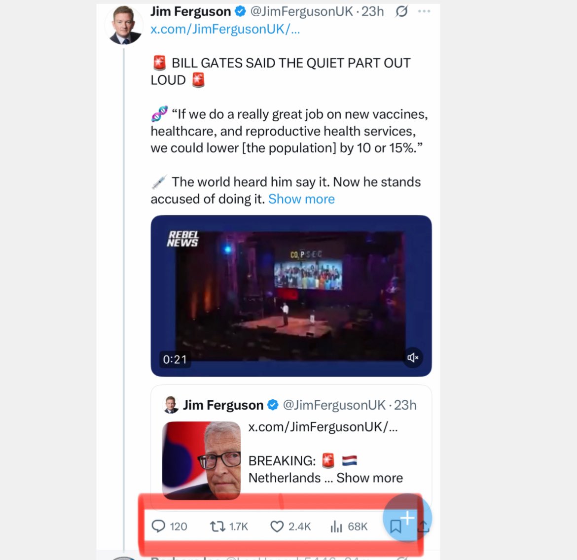 WaitingForPerot's tweet image. X sucks.
It’s perfectly OK for JimF to post the bogus Bill Gates “depopulation” quote — 68K views, 2.4K Likes, & 1.7K reposts. That’s OK.
But when I post clarifications to half a dozen commenters in that thread (bc they won’t see it if I just reply to OP), my acct gets locked.