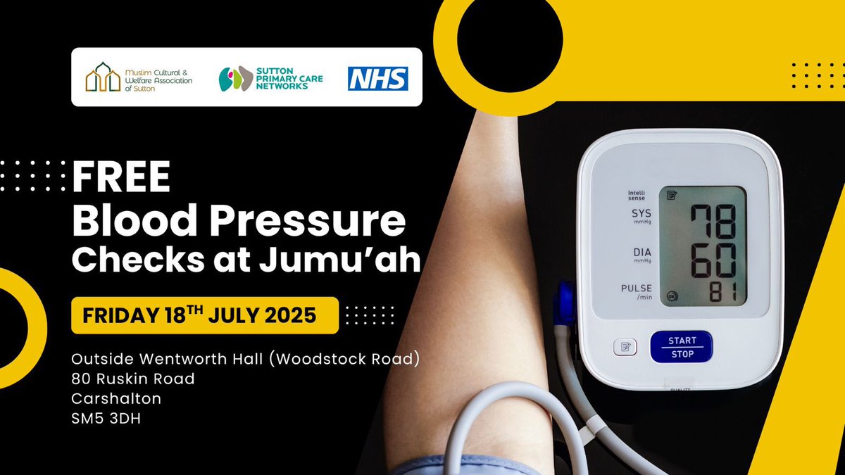 MCWAS (@mcwas81) on Twitter photo β€οΈ FREE Heart Health & Blood Pressure Checks at MCWAS π©Ί
The Carshalton Integrated Neighbourhood Team will be offering free blood pressure checks to support heart health and help prevent cardiovascular disease.
π Fri 18th July 25
π Jumuβah Time
<a href="/nhssutton_/">NHS Sutton</a> <a href="/SWLNHS/">NHS South West London</a> β€οΈ FREE Heart Health & Blood Pressure Checks at MCWAS π©Ί
The Carshalton Integrated Neighbourhood Team will be offering free blood pressure checks to support heart health and help prevent cardiovascular disease.
π Fri 18th July 25
π Jumuβah Time
<a href="/nhssutton_/">NHS Sutton</a> <a href="/SWLNHS/">NHS South West London</a>