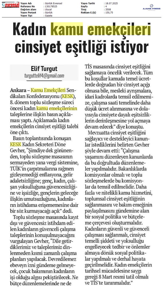 Kadın TİS taleplerimiz Evrensel ve Sözcü gazetelerinde👇

🟣Kadın taleplerinin görüşülmediği; cinsiyet eşitliğini sağlama gündemi olmayan; grev hakkına yer vermeyen hiçbir toplu iş sözleşmesini tanımadık, tanımıyoruz!
📢Kamu emekçisi kadınları KESK’te örgütlenmeye ve birlikte