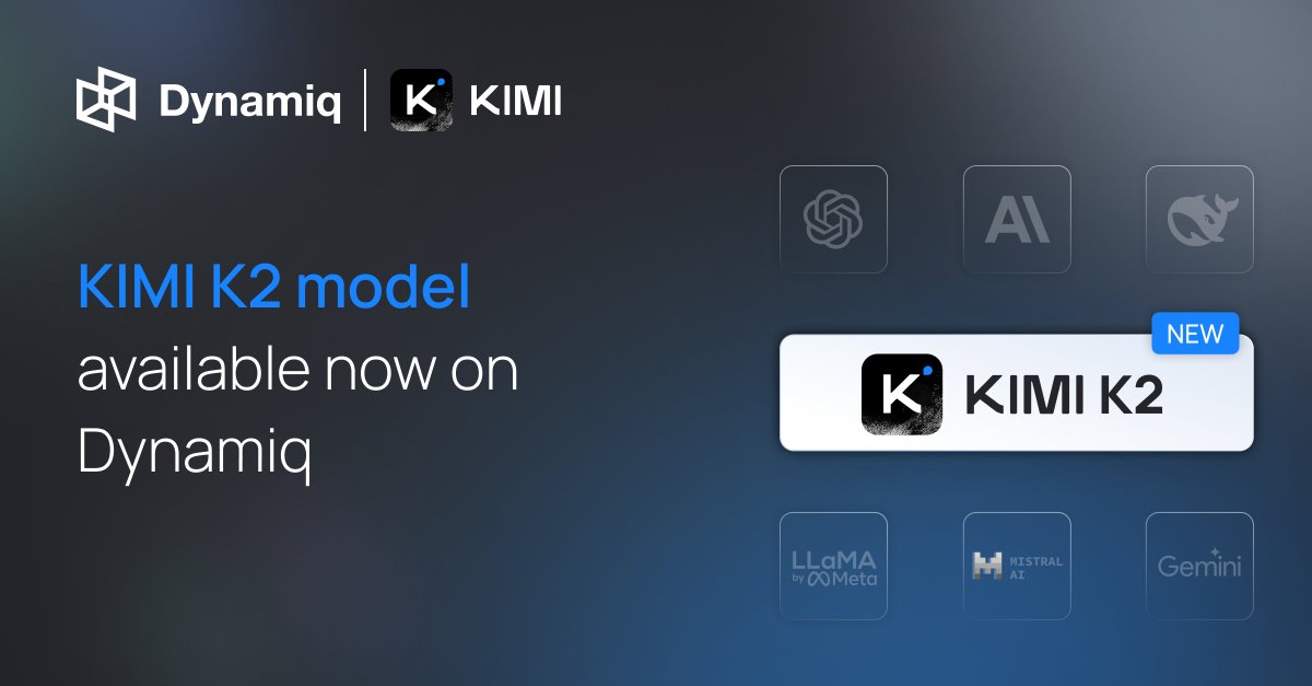 🚀 New model unlocked: <a href="/Kimi_Moonshot/">Kimi.ai</a> K2 is now ready to power your agents inside <a href="/DynamiqAGI/">Dynamiq</a>!

Thanks to our fresh integrations with <a href="/GroqInc/">Groq Inc</a>, <a href="/togethercompute/">Together AI</a> &amp; <a href="/DeepInfra/">DeepInfra</a>, you can switch to Kimi K2 in a single click and ship even more capable, reasoning-first workflows.

Why