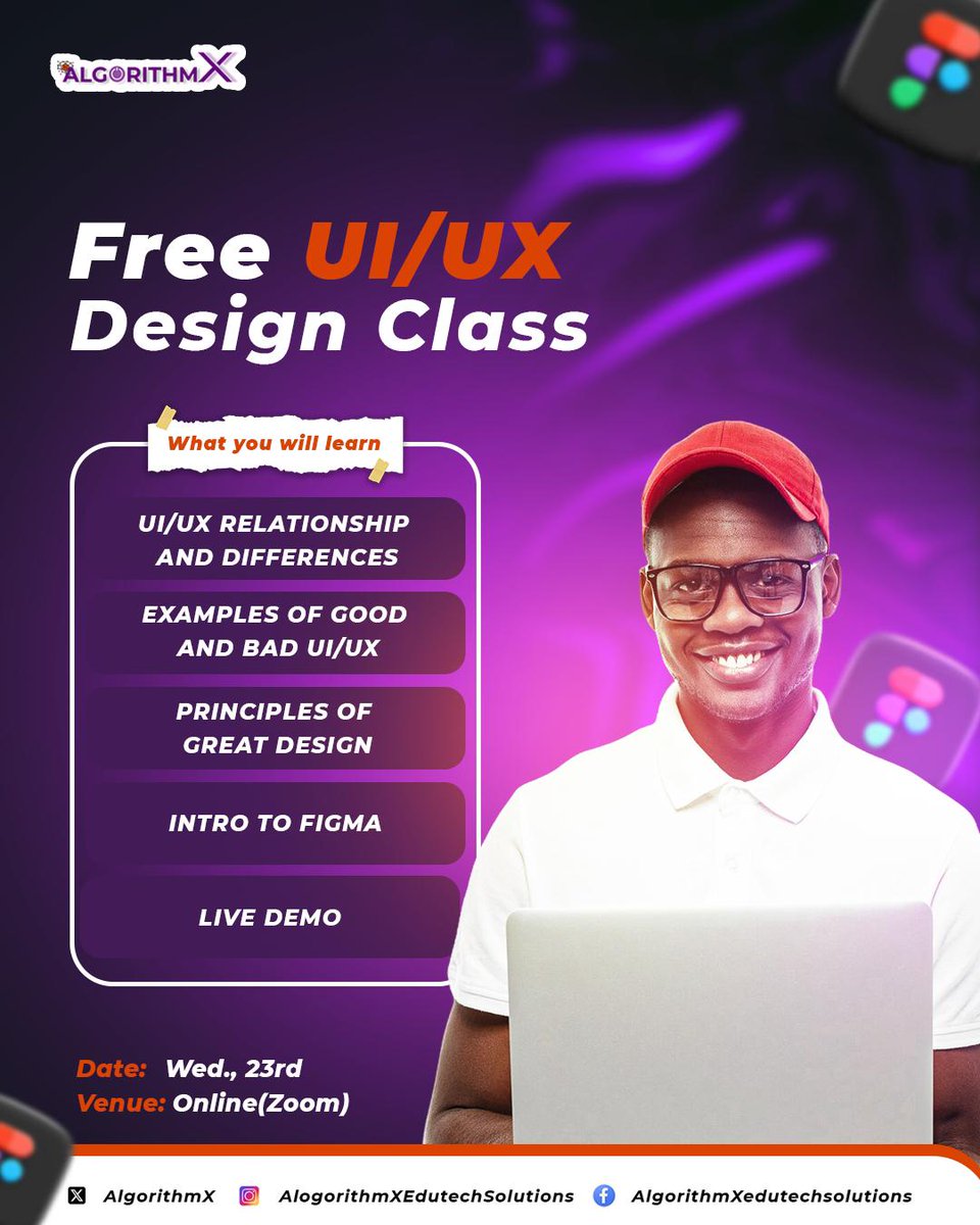 AlgorithmX_124's tweet image. 🎨 Learn UI/UX Design for FREE!
Join our 2-hour live session on Wednesday, July 23. at 6 pm.

💡 Discover how great digital experiences are built — from concept to Figma.
📍 No experience is needed.
🔗 To register,  click the link in the bio....
#AlgorithmX
 #UIUX