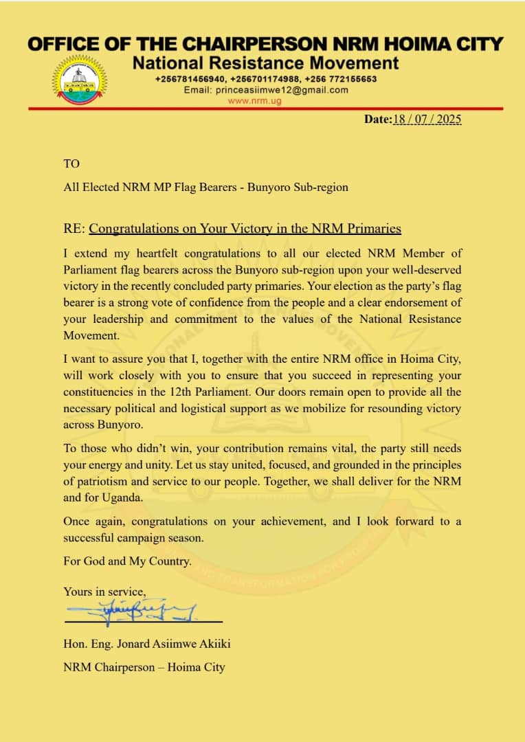 SpiceFM 89.9 Hoima (@spicefmhoima) on Twitter photo UPDATE: The Hoima City <a href="/NRMOnline/">NRM Party</a> Party Chairperson <a href="/EngJonard/">Hon. Eng Asiimwe Jonard.</a> has congratulated party members who registered victories in the Thursday party polls. <a href="/DBategeka/">Donald Bakire Bategeka</a> <a href="/JonahByakutaaga/">Jonah Byakutaaga Wamani</a> <a href="/DianahAbwooli/">PRINCESS DIANAH J.M ABWOOLI</a> UPDATE: The Hoima City <a href="/NRMOnline/">NRM Party</a> Party Chairperson <a href="/EngJonard/">Hon. Eng Asiimwe Jonard.</a> has congratulated party members who registered victories in the Thursday party polls. <a href="/DBategeka/">Donald Bakire Bategeka</a> <a href="/JonahByakutaaga/">Jonah Byakutaaga Wamani</a> <a href="/DianahAbwooli/">PRINCESS DIANAH J.M ABWOOLI</a>