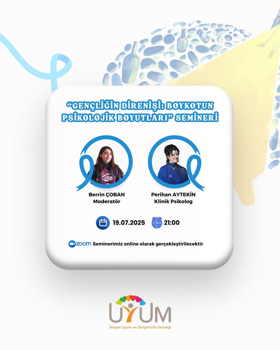 🎙️Seminer Duyurusu
Sosyal Uyum ve Girişimcilik Derneği olarak ilk seminerimizde Klinik Psikolog Perihan Aytekin ile “Boykot Hareketinin Psikolojik Etkileri”ni konuşuyoruz.

📍Moderatör: Berrin Çoban
📆 19 Temmuz Cumartesi
🕘 21:00 | Zoom
💬 Katılım ücretsizdir.