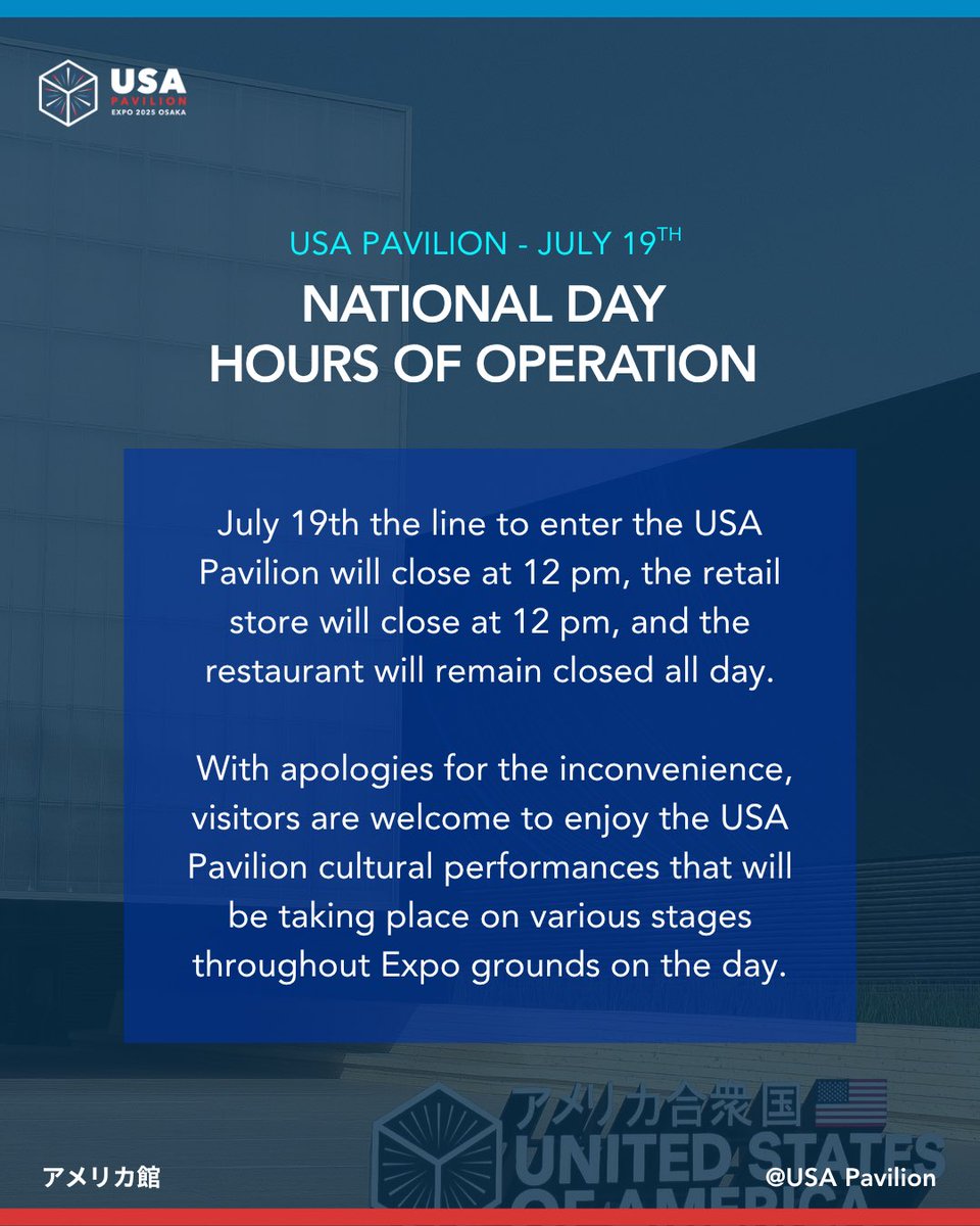 USA_Pavilion_'s tweet image. 🇺🇸USA Pavilion National Day🇺🇸
We would like to announce the hours of operation for National Day tomorrow. The line to enter the Pavilion will close at 12:00pm. We will be having performances all day long on the Expo stages near the USA Pavilion - National Day lineup next! 🙌🏻