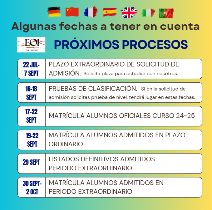 📢ATENCIÓN: algunas fechas a tener en cuenta sobre los próximos procesos de admisión y matrícula.
7 idiomas y 3 sedes: ¿cuál eliges?
eoivalladolid.centros.educa.jcyl.es/sitio/index.cgi