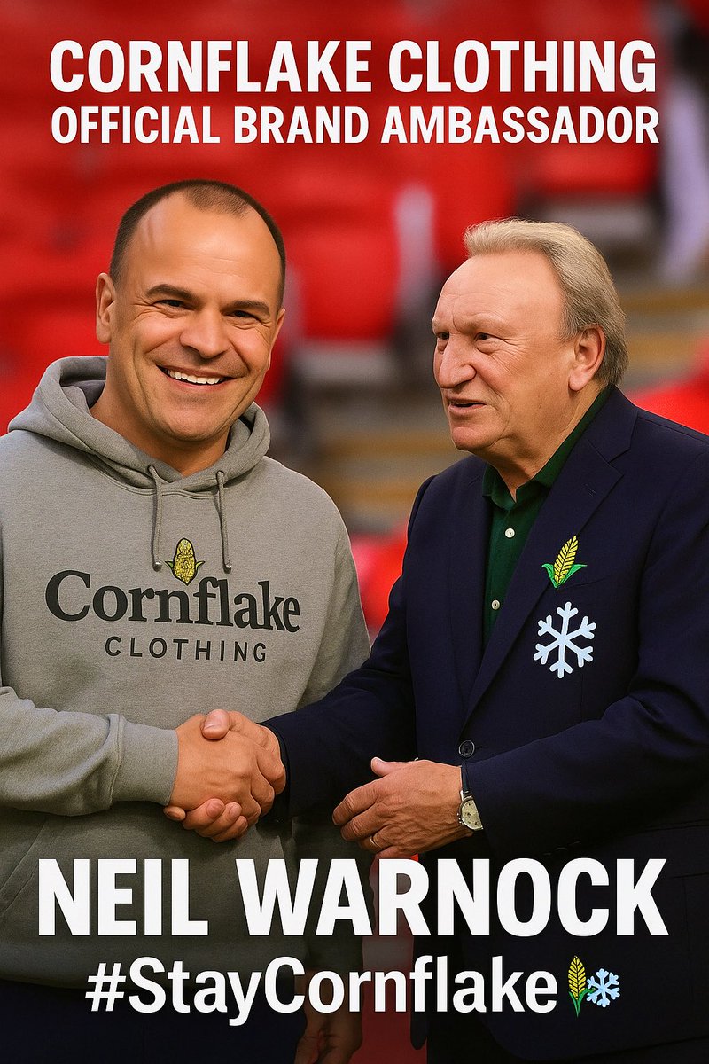 CornflakePLC's tweet image. ARE YOU WITH US?! 🤩

We are delighted to announce that Neil Warnock has been appointed as the official brand ambassador for Cornflake Clothing  📑 ✍️ ✅

#WelcomeNeil #AreYouWithMe  @warnockofficial 

Stay Fresh. 
Stay Golden. 
#StayCornflake 🌽❄️