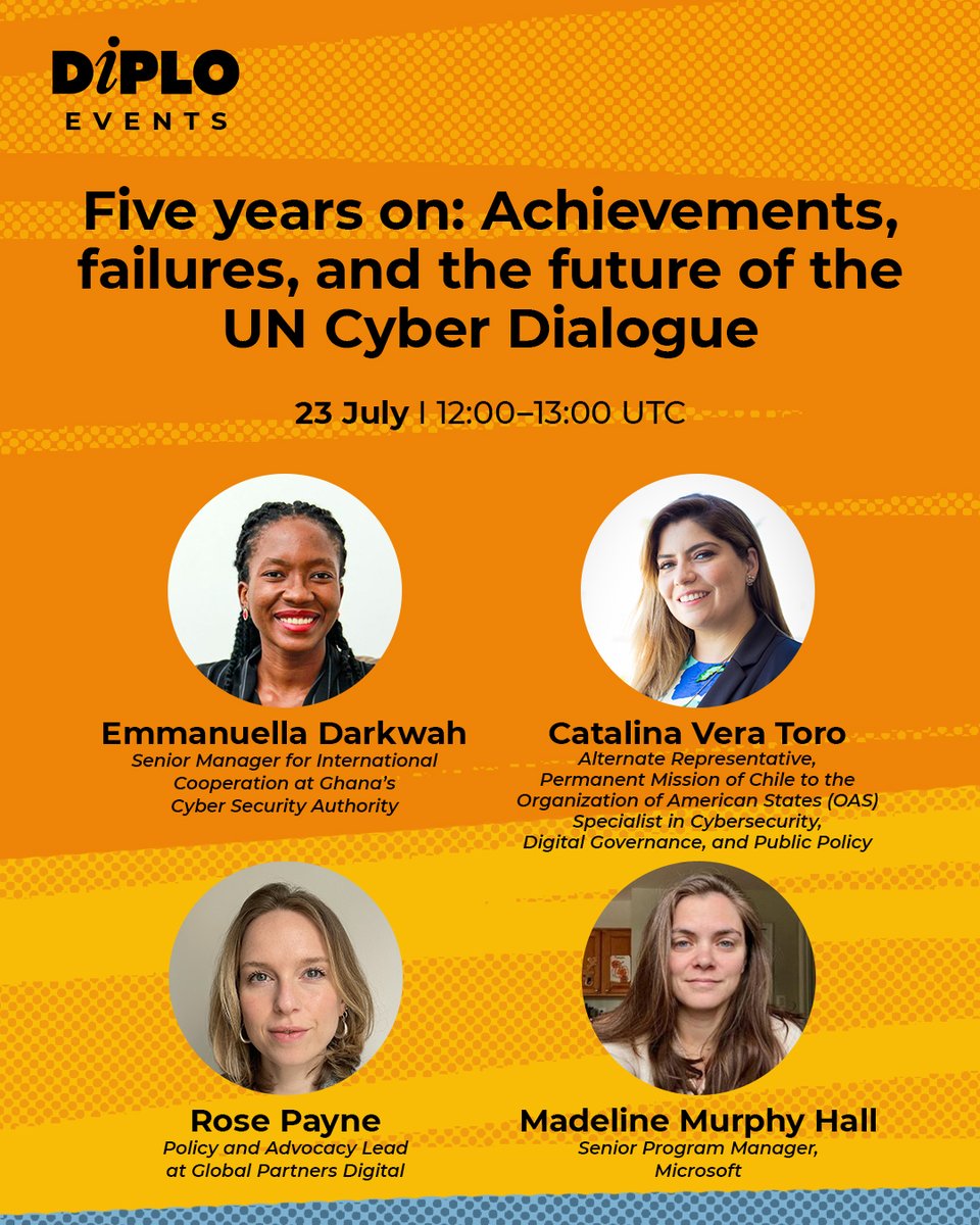 DiplomacyEdu's tweet image. What has 5 years of #UNOEWGoncyber taught us?
Achievements, setbacks, and the future of international cooperation in cyberspace—explored in our upcoming online discussion with Catalina Vera Toro (Chile), Emmanuella Darkwah (Ghana), Rose Payne (Global Partners Digital) and…