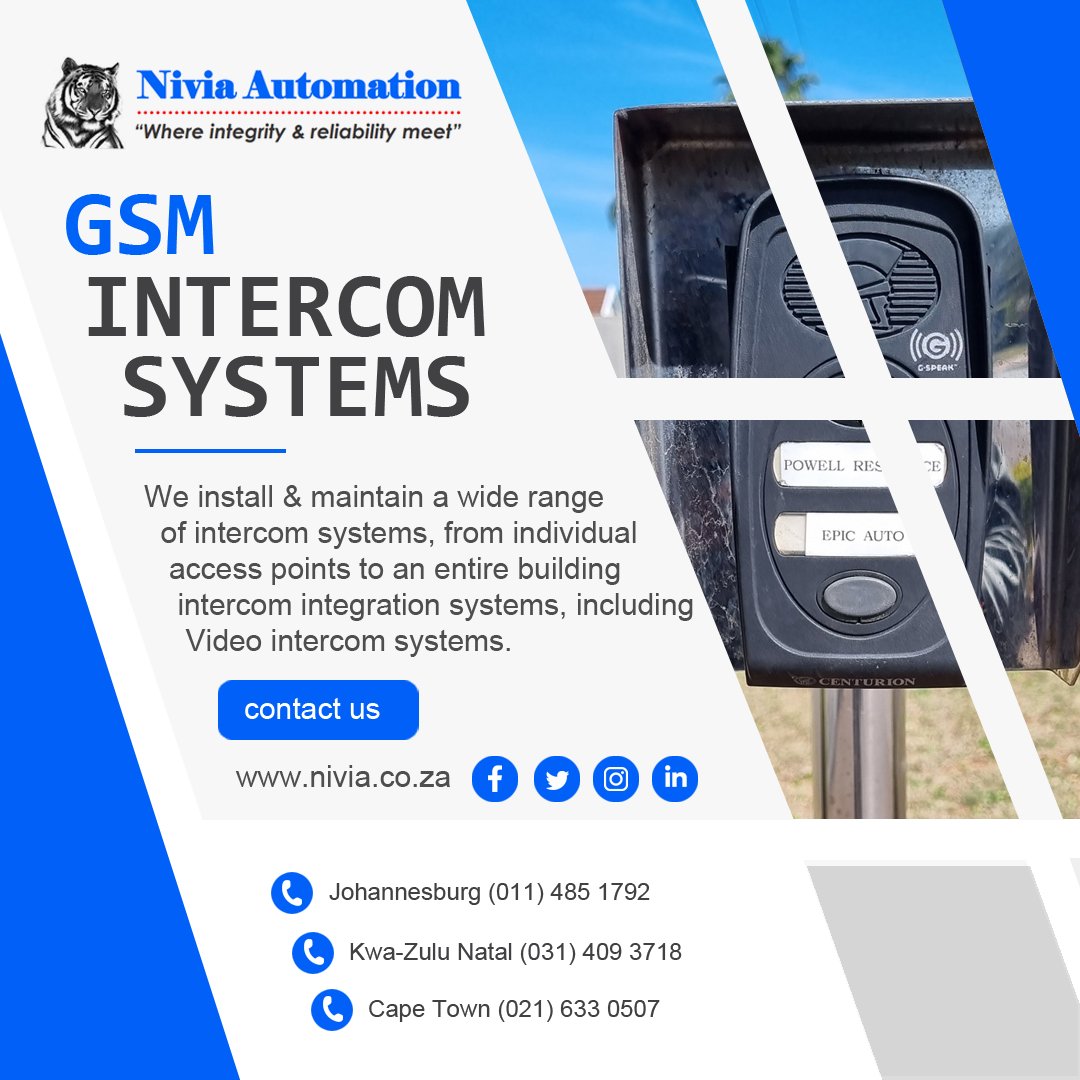 AutomationNivia's tweet image. Enhance your security with Nivia Automation! We install &amp;amp; maintain GSM, video &amp;amp; full-building intercom systems for homes &amp;amp; businesses. Reliable, smart access control!

Visit: nivia.co.za

#Intercoms #IntercomSystems #GSM #NiviaAutomation