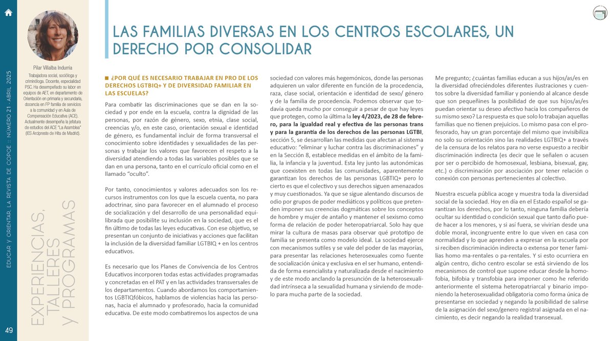 COPOE (@copoeorienta) on Twitter photo Te invitamos a leer el artículo "Las familias diversas en los centros escolares, un derecho por consolidar" escrito por Pilar Villalba Indurria para el número 21 de Educar y Orientar.
📰 Descarga gratuita en revista.copoe.org Te invitamos a leer el artículo "Las familias diversas en los centros escolares, un derecho por consolidar" escrito por Pilar Villalba Indurria para el número 21 de Educar y Orientar.
📰 Descarga gratuita en revista.copoe.org