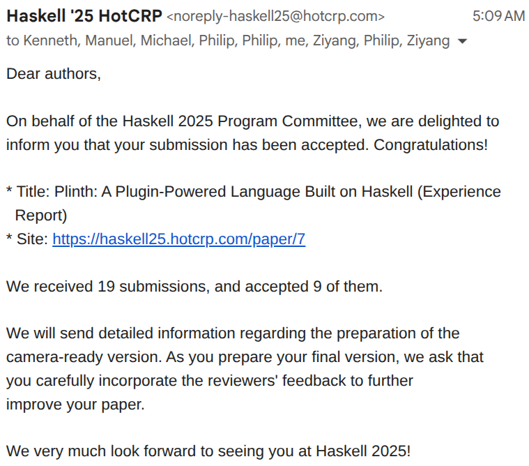 effectfully's tweet image. Our experience report on building a programming language in Haskell and using GHC as a frontend has been accepted for the Haskell 2025 conference.