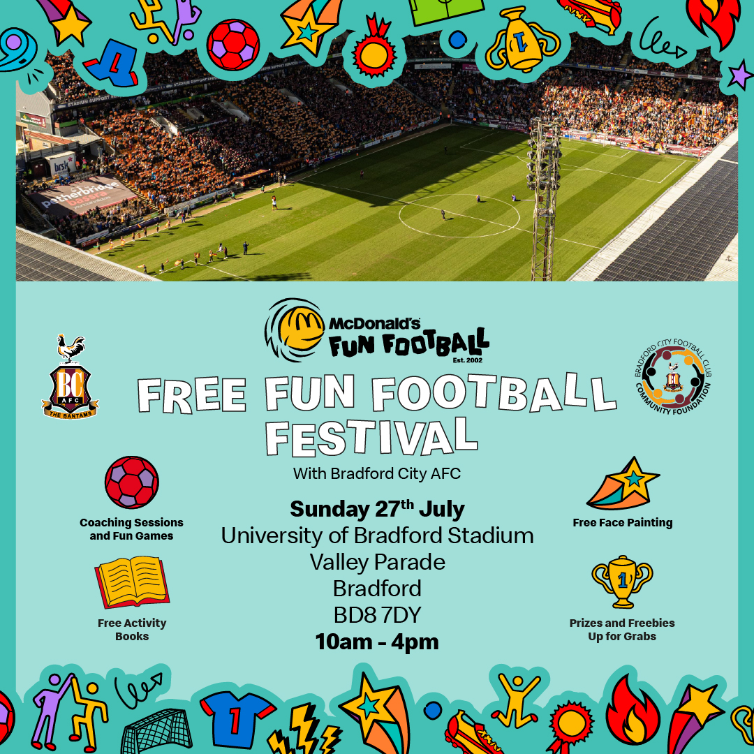 bcafc_cf's tweet image. We will be running a McDonald’s Fun Football Festival at the University of Bradford Stadium alongside @officialbantams on Sunday July 27 ⚽ 🐔
Book now to secure your place 👇
bit.ly/3GVbumR
#BCAFC