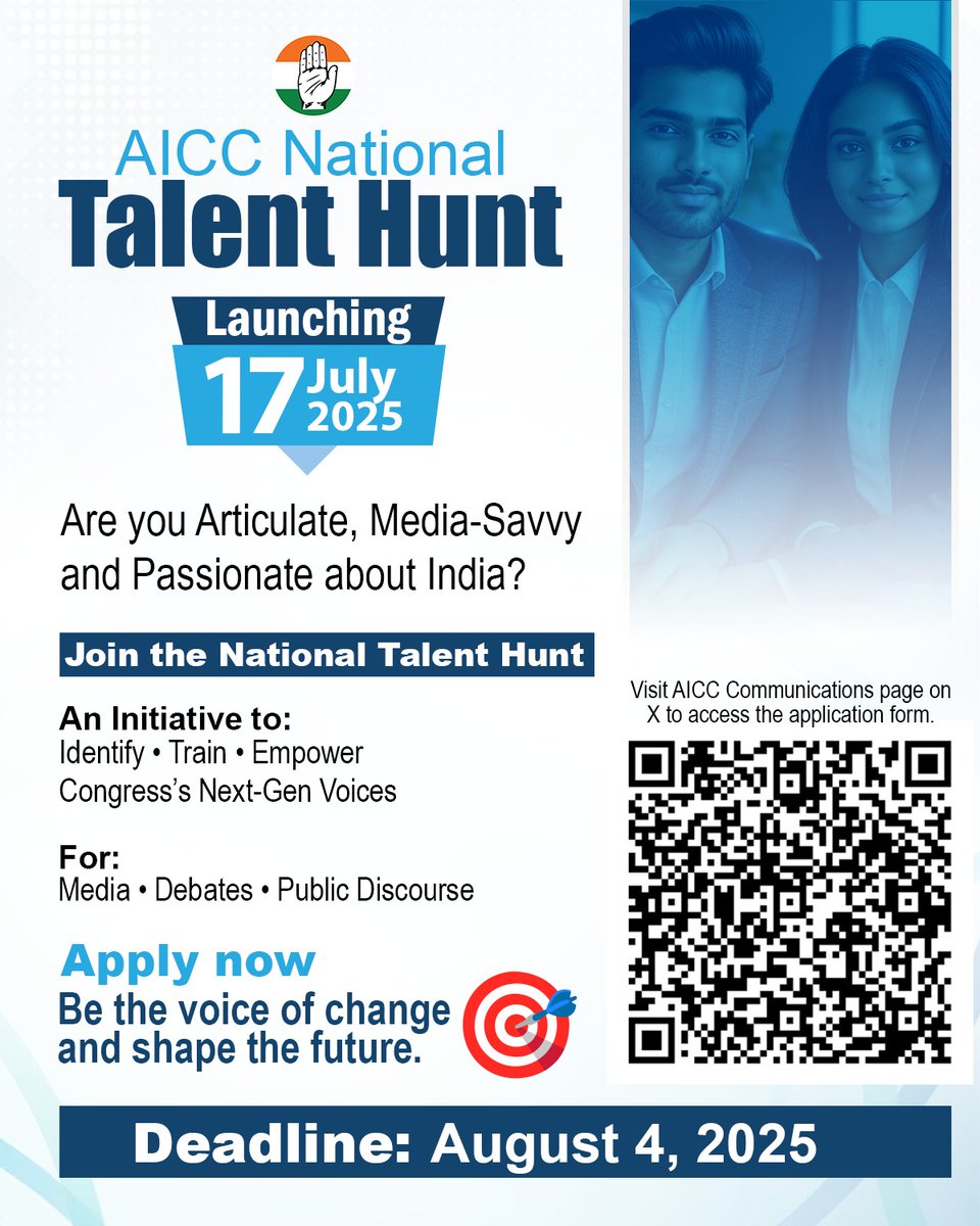 AICCMedia's tweet image. The Indian National Congress is launching a National Talent Hunt program - a platform to train and empower the next generation of media spokespersons and panelists.
So, if you want to become the voice of the people then we are just the right place for you.
Join us and…