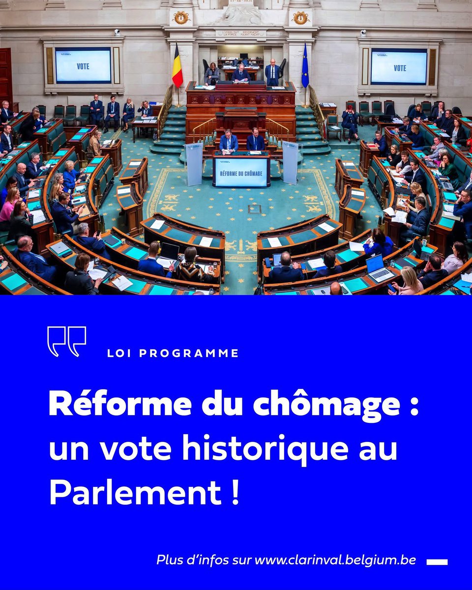 DavidClarinval's tweet image. ✅ 𝗥𝗲́𝗳𝗼𝗿𝗺𝗲 𝗱𝘂 𝗰𝗵𝗼̂𝗺𝗮𝗴𝗲 : 𝘂𝗻 𝘃𝗼𝘁𝗲 𝗵𝗶𝘀𝘁𝗼𝗿𝗶𝗾𝘂𝗲 𝗮𝘂 𝗣𝗮𝗿𝗹𝗲𝗺𝗲𝗻𝘁 !
Ce jeudi, le Parlement a adopté ma réforme limitant la durée du chômage à deux ans pour les personnes aptes au travail. C’est une avancée majeure que je défends depuis le début…