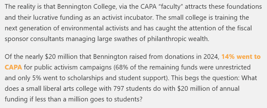 the_firebreak's tweet image. In the 90s, Bennington College faced closure and had to redefine itself. It took the fiscal sponsor route, feeding off foundation funding.
This tiny college became nothing more than an activist incubator with philanthropists using it to set up NGOs.
@zaruk
thefirebreak.org/p/beyond-benni…