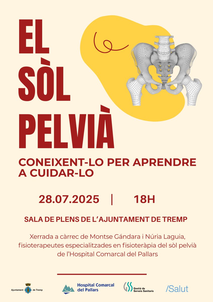 🗣️El sòl pelvià: Coneixent-lo per aprendre a cuidar-lo! 

 Vine a la xerrada amb les fisioterapeutes Montse Gándara i Núria Laguia de l’Hospital Comarcal del Pallars!

🗓️ 28 de juliol
🕕 18 h
📍 Sala de Plens – Ajuntament de Tremp
