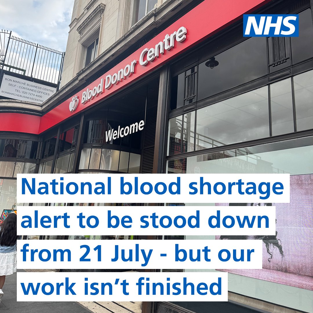 NHSEngland's tweet image. Following a phenomenal response from donors, the amber alert on blood stocks is to be stood down from 21 July.
The NHS needs blood all year round, so we encourage anyone who can donate to still do so.
Find out more.
➡️ nhsbt.nhs.uk/news/national-…