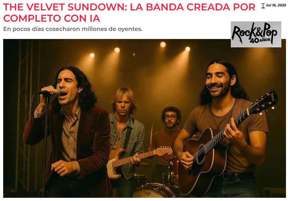 🔥 ¿Una banda "FANTASMA" arrasa en #Spotify?

VELVET SUNDOWN: 👨‍👩‍👦‍👦🎸🎶
+1 Millón oyentes mensuales, estética vintage impecable, fama, etc...

PERO:
❌ Sin redes sociales
❌ Cero entrevistas
❌ Ningún concierto (muy raro, no?)

¿Dónde está el truco? 🧵 
#MúsicaIA #FraudeDigital #ia