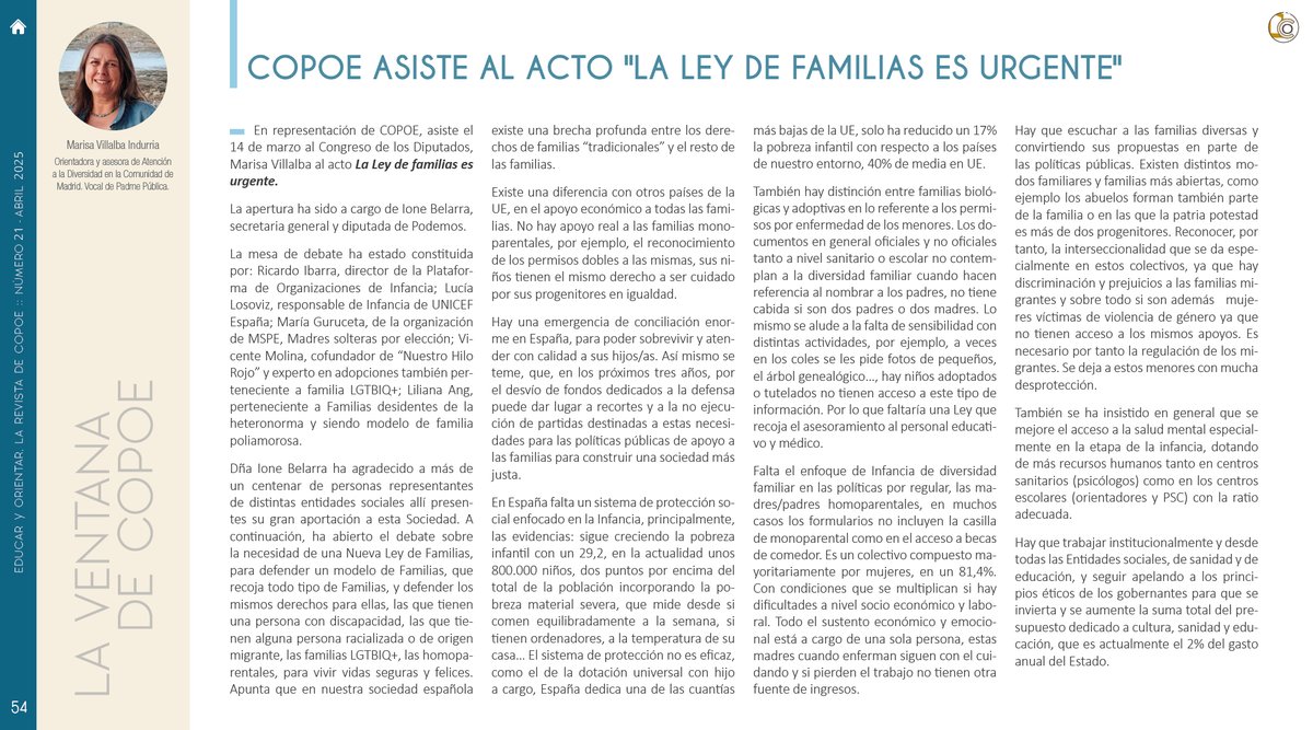 COPOE (@copoeorienta) on Twitter photo Te invitamos a leer el artículo "COPOE asiste al acto La Ley de familias es urgente" escrito por Marisa Villalba Indurria para el número 21 de Educar y Orientar.
📰 Descarga gratuita en revista.copoe.org Te invitamos a leer el artículo "COPOE asiste al acto La Ley de familias es urgente" escrito por Marisa Villalba Indurria para el número 21 de Educar y Orientar.
📰 Descarga gratuita en revista.copoe.org
