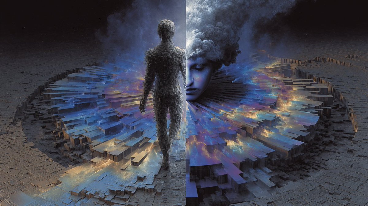 Synth_Cyborg's tweet photo. He walked out of himself—and left the dream behind.
Which half would you keep: the code or the cloud?
#DividedMind #DigitalAwakening #AIArt https://t.co/amkMBzg4JJ