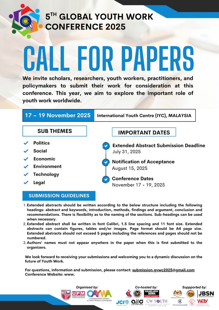 OAYouth Kenya (@oayouthkenya) on Twitter photo The 5th edition of the Global Youth Work Conference is officially open for submissions!
This is your moment to shape global conversations.
<a href="/caywaglobal/">CAYWA</a>
<a href="/CWYouth/">CWCC Youth</a>
<a href="/FCDOGovUK/">Foreign, Commonwealth & Development Office</a> The 5th edition of the Global Youth Work Conference is officially open for submissions!
This is your moment to shape global conversations.
<a href="/caywaglobal/">CAYWA</a>
<a href="/CWYouth/">CWCC Youth</a>
<a href="/FCDOGovUK/">Foreign, Commonwealth & Development Office</a>