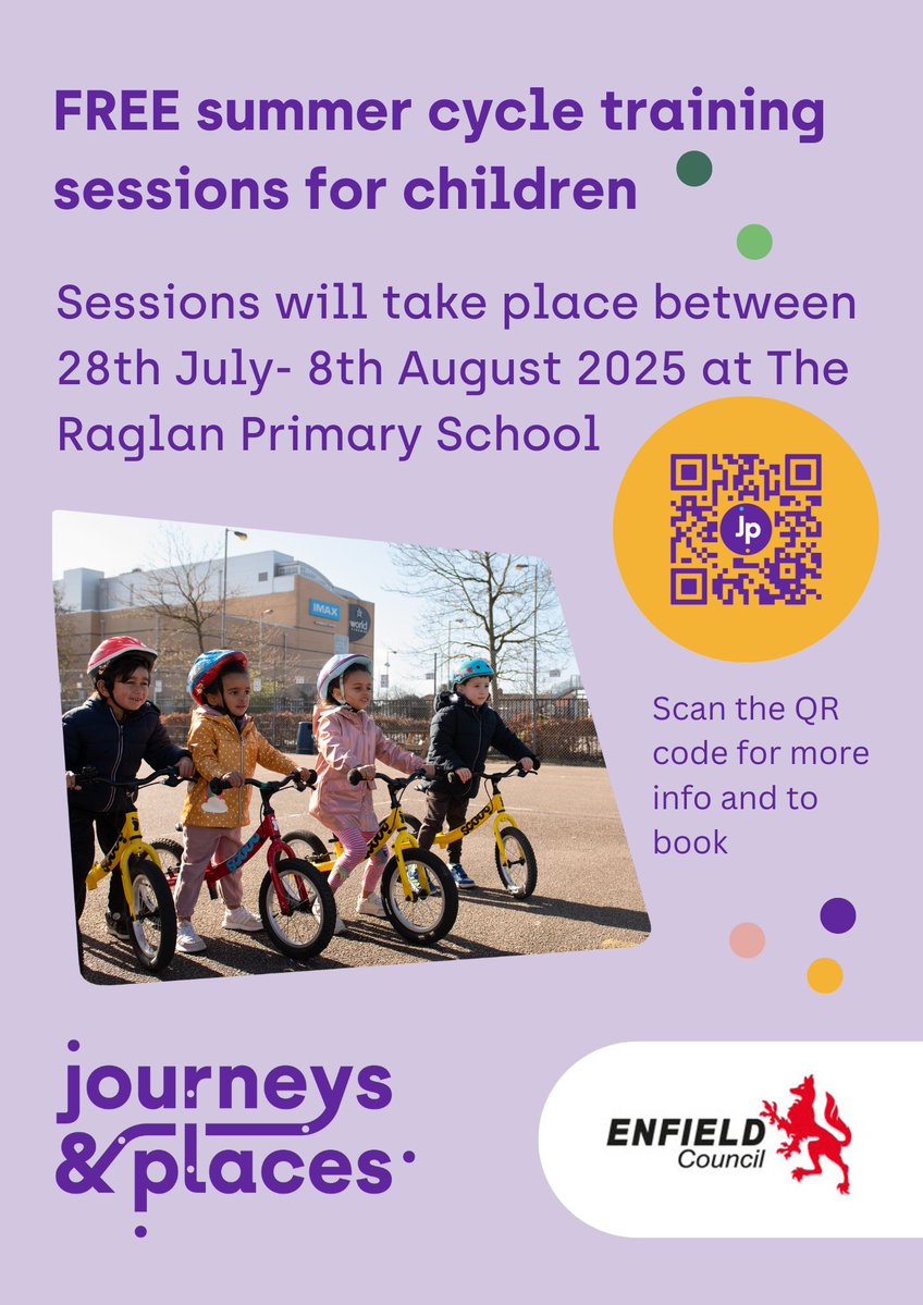 JourneysPlaces's tweet image. Join one of @EnfieldCouncil's free summer cycle training sessions for children!
Sessions will take place between 28th July- 8th August 2025 at The Raglan Primary School.
Find out more and book here: fs19.formsite.com/cycling/j3spgm…