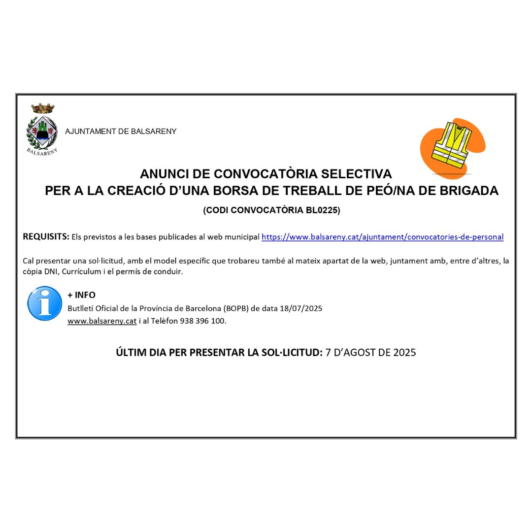 👷🏻‍♀️🦺 CONVOCATÒRIA SELECTIVA DE CREACIÓ DE BORSA DE TREBALL DE PEÓ/NA DE BRIGADA