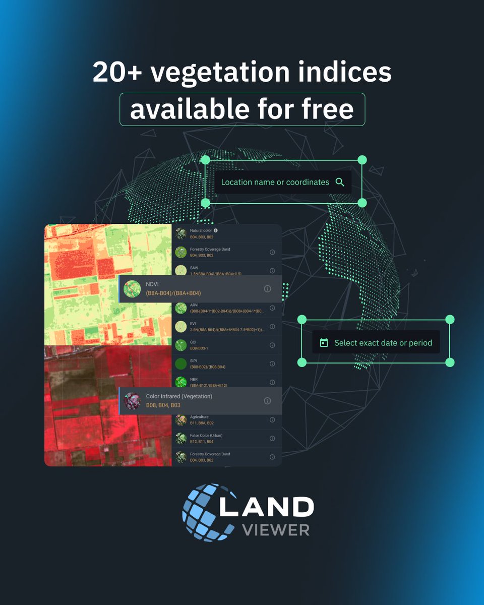 EOSDALandViewer's tweet image. 20+ vegetation indices available for free
#EOSDA #LandViewer gives you the full toolkit:
🌱 #NDVI — general vegetation health;
💧 NDWI — water stress detection;
🔥 NBR — fire damage assessment;
🌾 #SAVI — sparse vegetation analysis and more: bit.ly/3Foi7NP