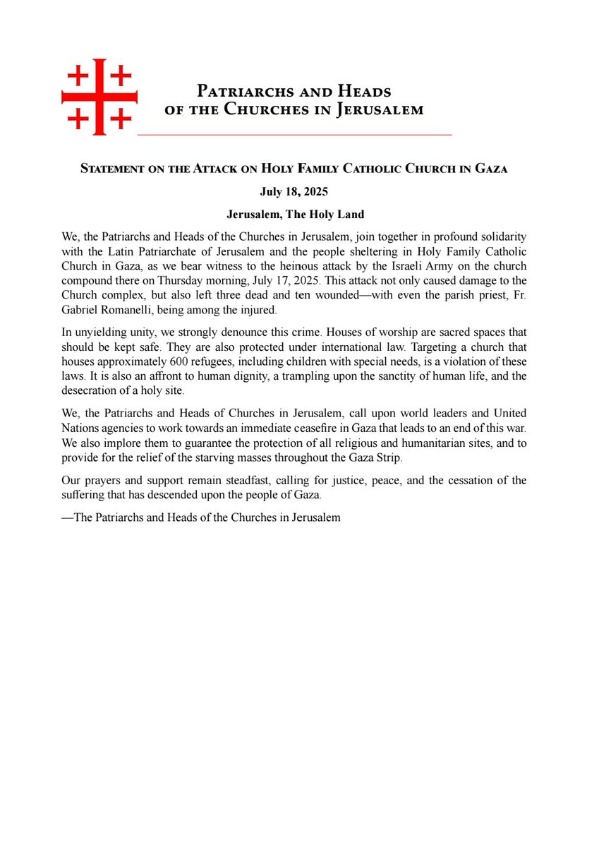 PaterNikodemus's tweet image. Statement from the Patriarchs and Heads of the Churches in Jerusalem on the attack on Holy Family Catholic Church in Gaza:
@LPJerusalem @JPatriarchate @GM_oessh @ReligionBund