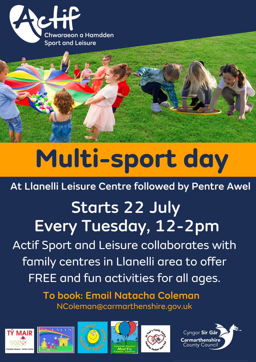🎯 Multi-Sport Fun Every Tuesday during the summer holidays! 🏀🏓⚽

Delivered in collaboration with Family Centres across the Llanelli area, these sessions are packed with fun, games, and active play for all ages. 🙌

📍 Llanelli Leisure Centre
🗓️ Every Tuesday (12:00pm-2:00pm)
