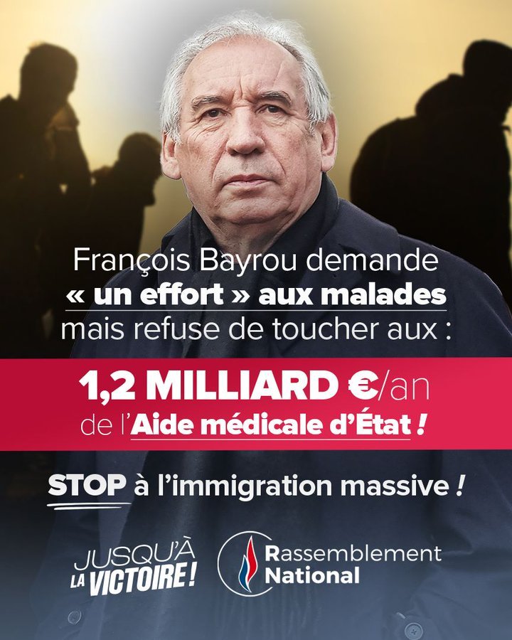 marinejordanrn's tweet image. Bayrou demande aux malades de faire un "EFFORT"
MAIS IL REFUSE DE TOUCHER A L'AIDE MÉDICALE D'ÉTAT 😡😡
Stop a l'immigration 😡
#BayrouCensure