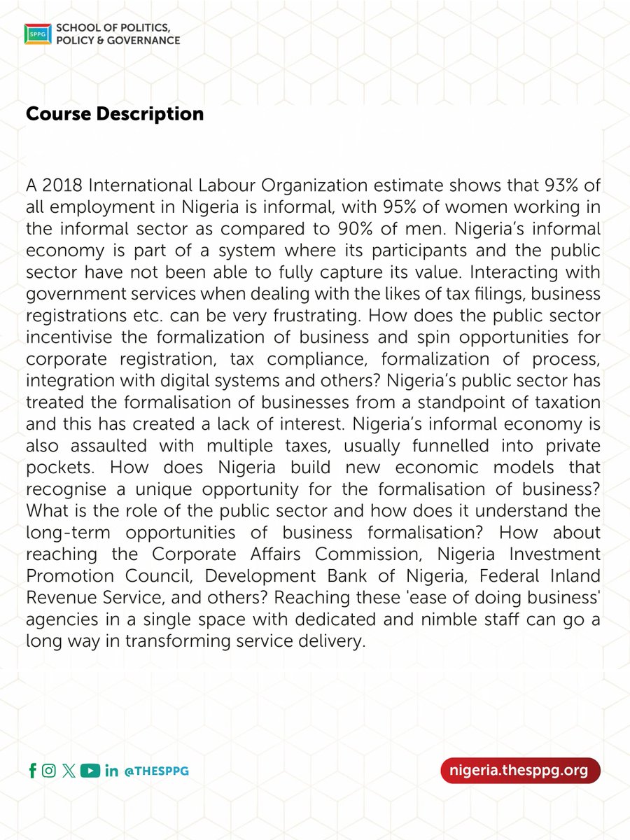 TheSPPG's tweet image. #TodayAtTheSPPG
Join Prof Stella Madueme in class for EGP 305 -5.
This course examines how Nigeria can formalise its large informal economy through inclusive economic models, better service delivery, and public sector reforms beyond taxation.
Moderator: Duke Olurin
Time:…