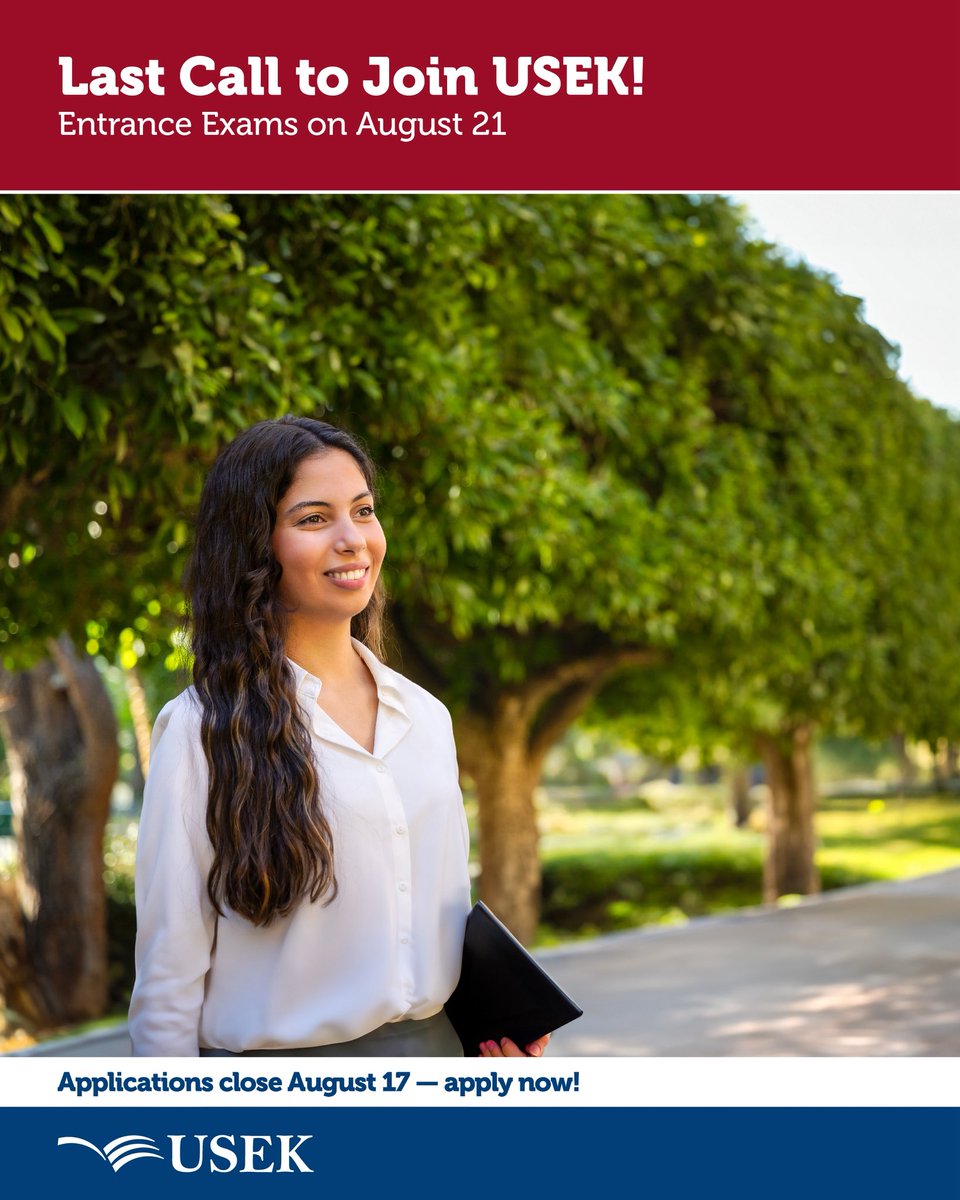 #USEK (@usekofficial) on Twitter photo Last call to join USEK for the 2025–2026 Fall Semester!
Entrance exam: August 21.
Applications close August 17.
Secure your spot today!
#USEK Last call to join USEK for the 2025–2026 Fall Semester!
Entrance exam: August 21.
Applications close August 17.
Secure your spot today!
#USEK