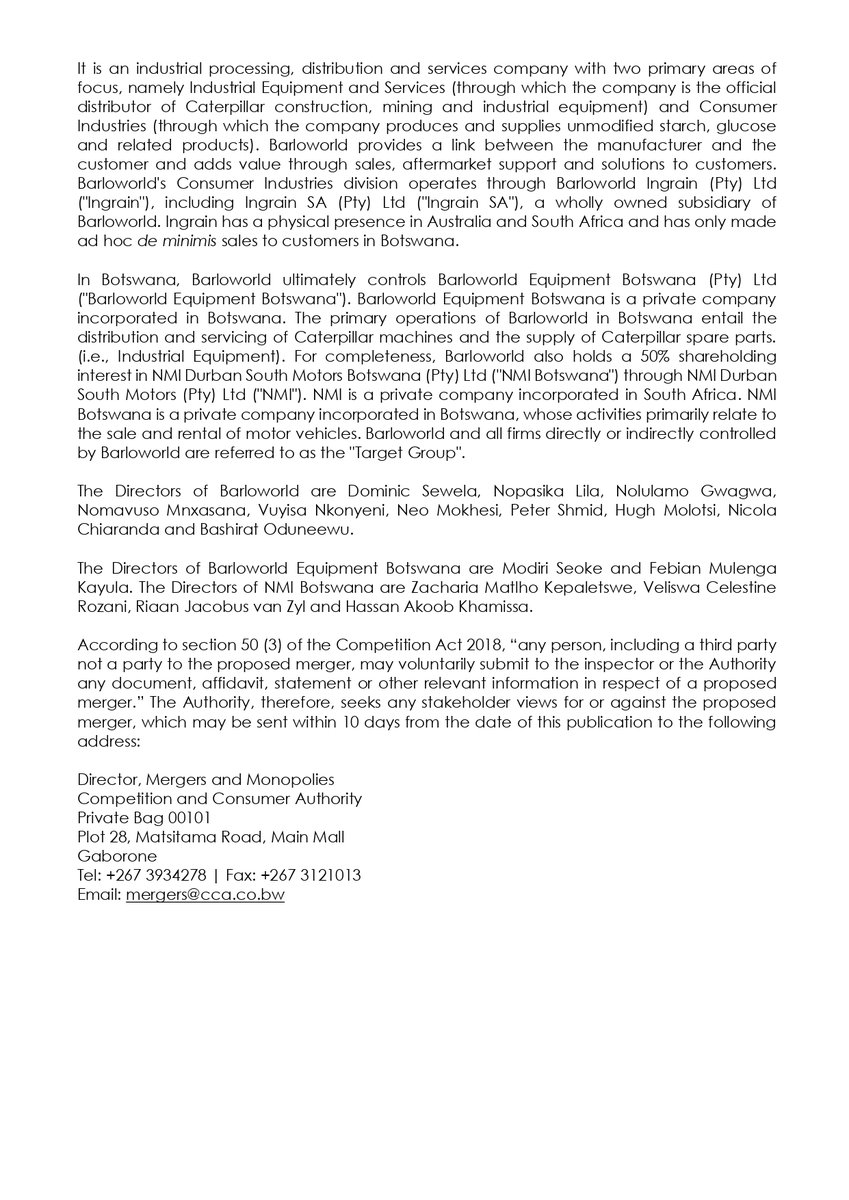 Competition & Consumer Authority Botswana (@ccabotswana) on Twitter photo Merger Notice No 29 2025 - K2024528179 South Africa (Pty) Ltd and Barloworld Limited
#seekingstakeholderviews #CCAmergernotice #mergers #acquisitions #mergersandacquisitions #CCApublicnotice <a href="/CCABotswana/">Competition & Consumer Authority Botswana</a> Merger Notice No 29 2025 - K2024528179 South Africa (Pty) Ltd and Barloworld Limited
#seekingstakeholderviews #CCAmergernotice #mergers #acquisitions #mergersandacquisitions #CCApublicnotice <a href="/CCABotswana/">Competition & Consumer Authority Botswana</a>