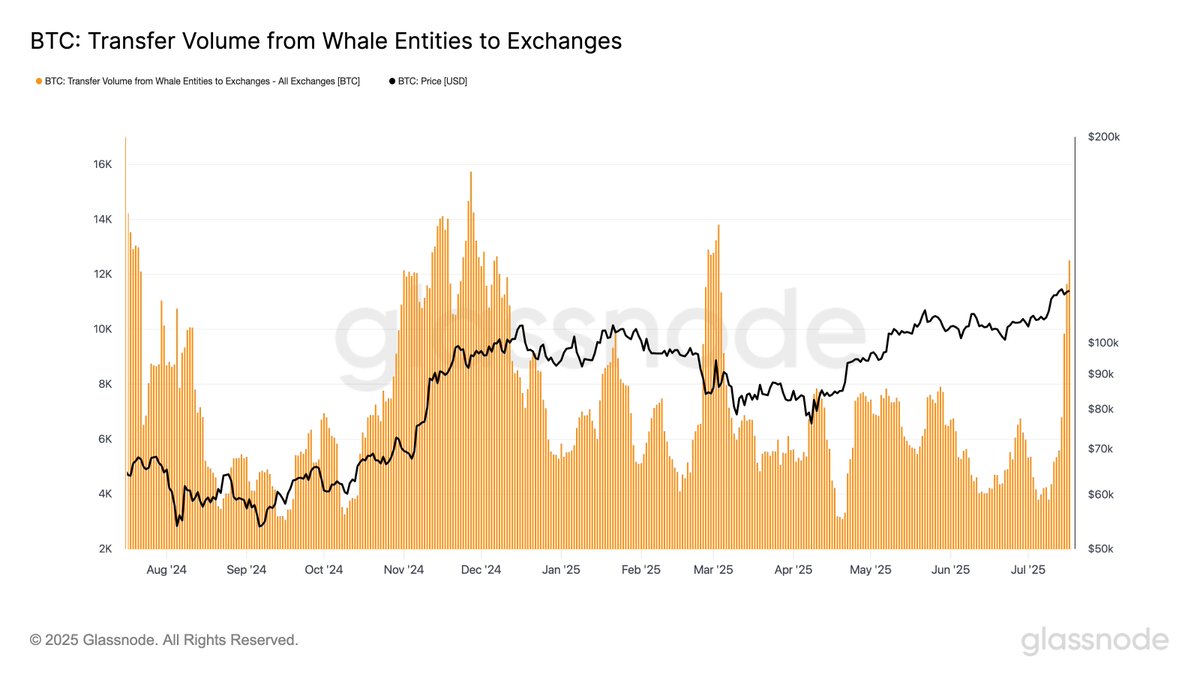 🚨 BREAKING: "Aumento dei trasferimenti di Bitcoin da parte dei whale verso gli exchange: volumi ai massimi dal 2024"