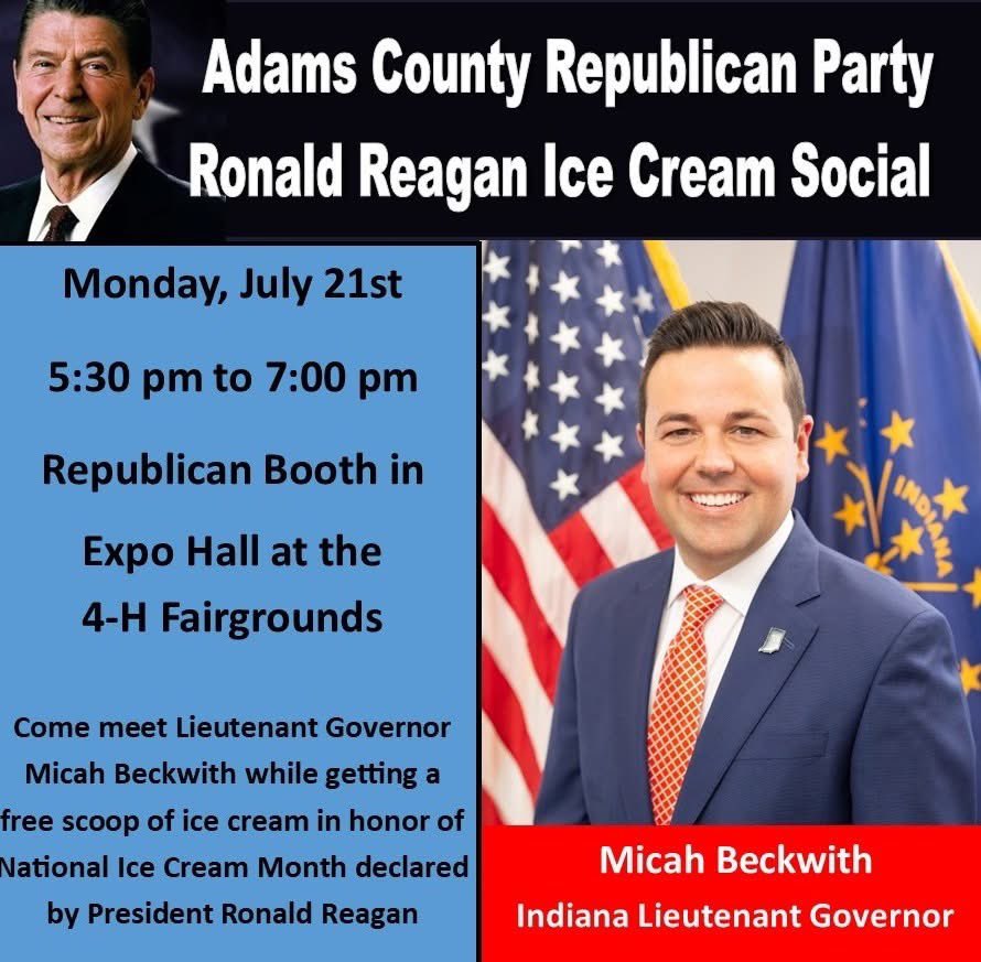 AdamsCoINGOP's tweet image. Come join us at the Adams County 4-H Fairgrounds on Monday and meet Lt. Governor @MicahBeckwith as you receive a free scoop of ice cream from the best party in Adams County - the Adams County Republican Party!