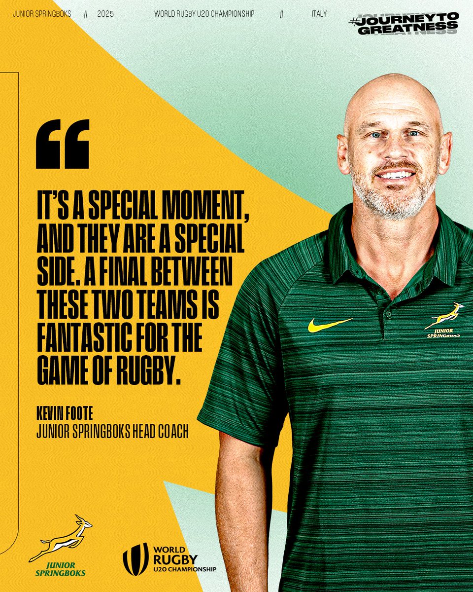 Special teams. Special stage.
Coach Foote knows what this final means - for the #JuniorBoks and the game itself 🇿🇦 #WorldRugbyU20s #JourneyToGreatness