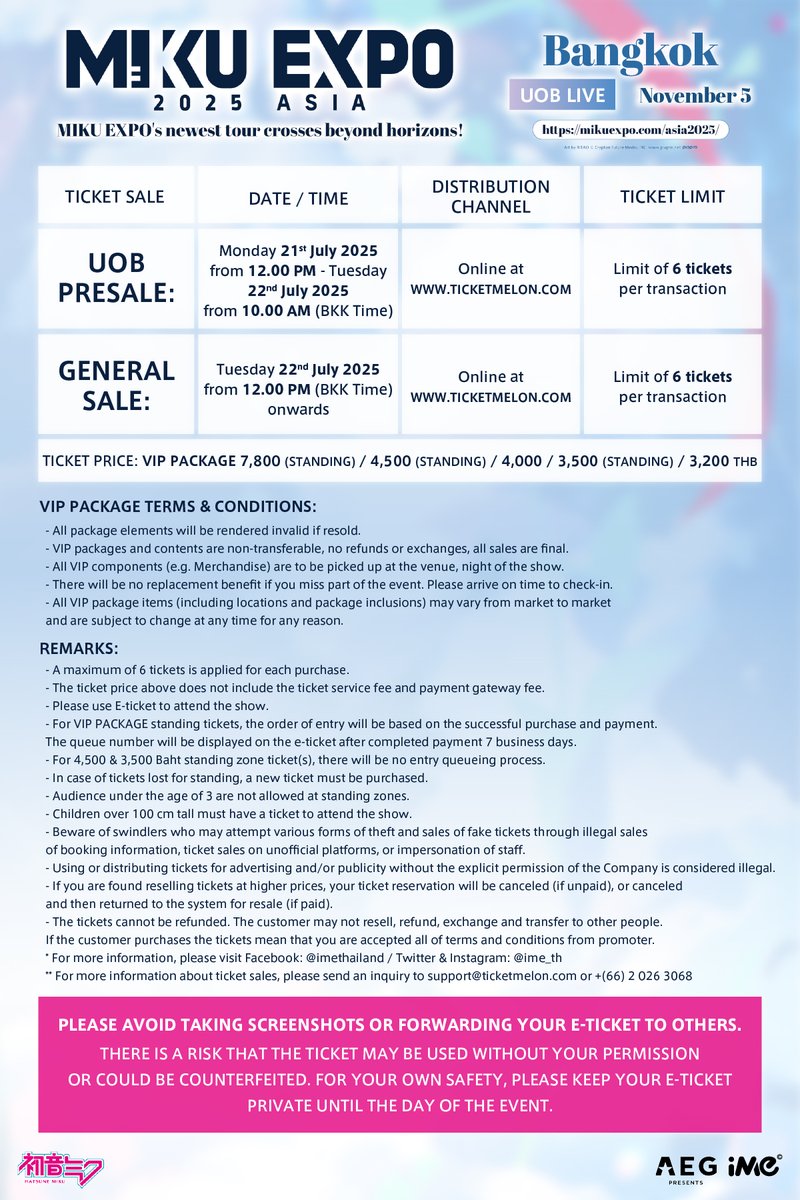 ime_th's tweet image. รายละเอียดการจำหน่ายบัตรงาน HATSUNE MIKU EXPO 2025 in BANGKOK รวมถึงกฎระเบียบ และมาตรการเข้าชมงาน
🗓 วันแสดง: วันพุธที่ 5 พฤศจิกายน 2568 เวลา 20.00 น.
📍 สถานที่: ยูโอบี ไลฟ์
💵ราคาบัตร: VIP PACKAGE 7,800 (บัตรยืน) / 4,500 (บัตรยืน) / 4,000 / 3,500 (บัตรยืน) และ 3,200 บาท…