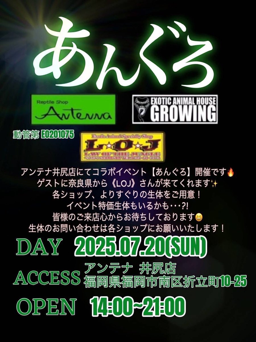 今週末はあんぐろ！！
各ショップさんにリクエストはお済みでしょうか？
まだの方はお早めに！！
GROWINGさん⤵︎ ︎⤵︎ ︎⤵︎ ︎
<a href="/GROWING0429OPEN/">GROWING</a> 
LOJさん⤵︎ ︎⤵︎ ︎⤵︎ ︎
<a href="/LOJ69TOORU/">Reptile Shop LOJ</a>